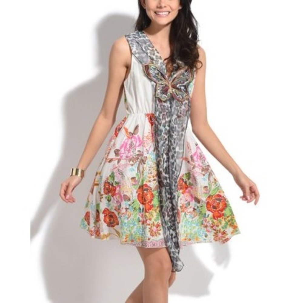 EUC Anabelle Paris Butterfly Applique Floral Sleeveless Dress Size M